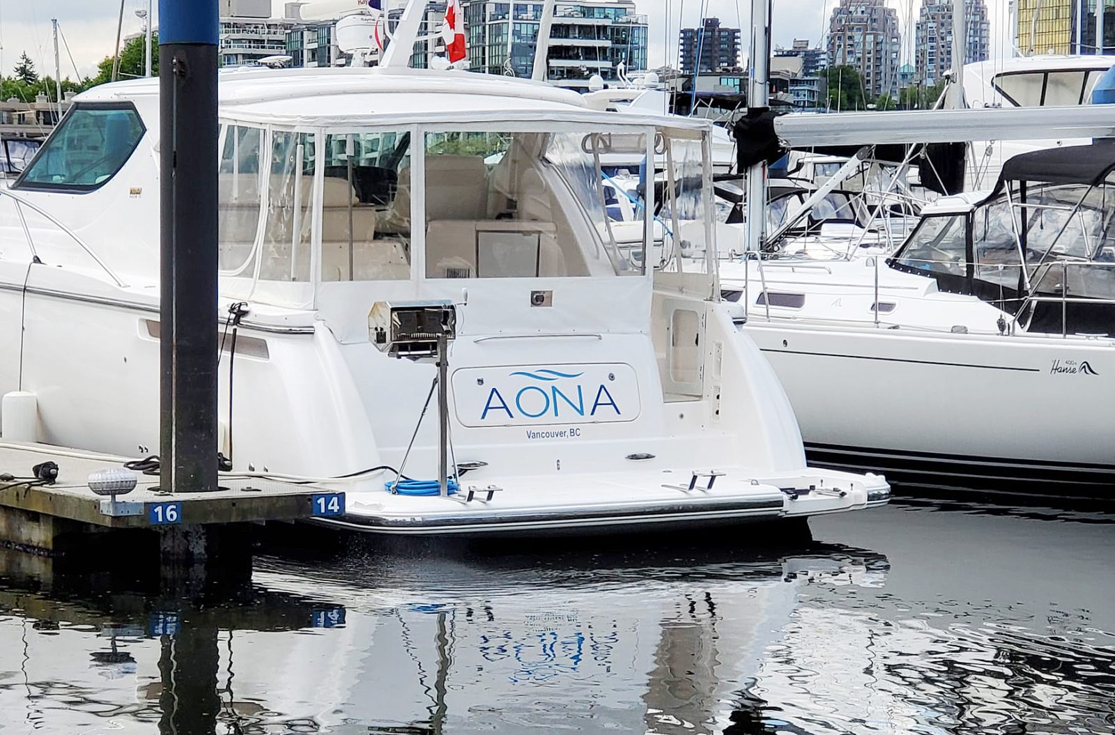 AONA boat installed logo decal on the deck