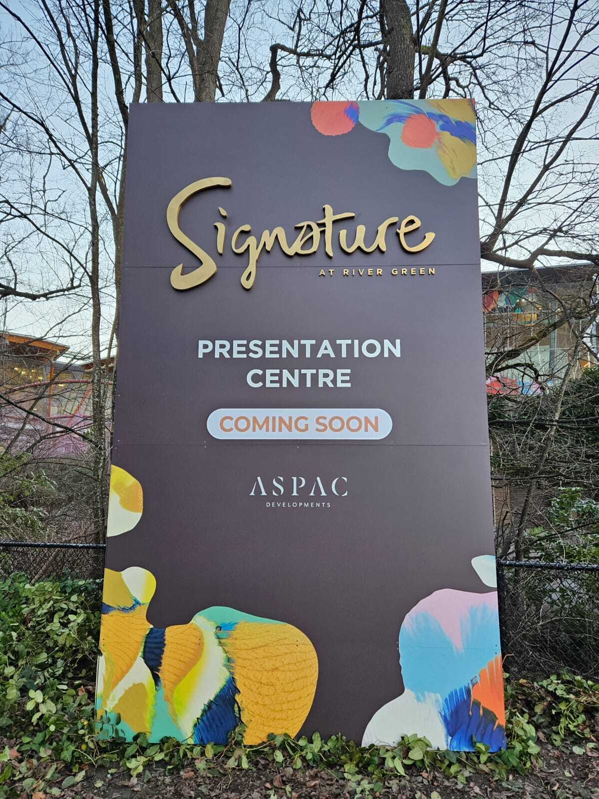 Freestanding presentation centre sign for ASPAC Developments "Signature at River Green" project.