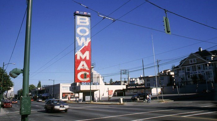 Historic Bowmac neon sign on Broadway in Vancouver, once one of North America's largest neon signs, photographed before its later adaptation for Toys "R" us