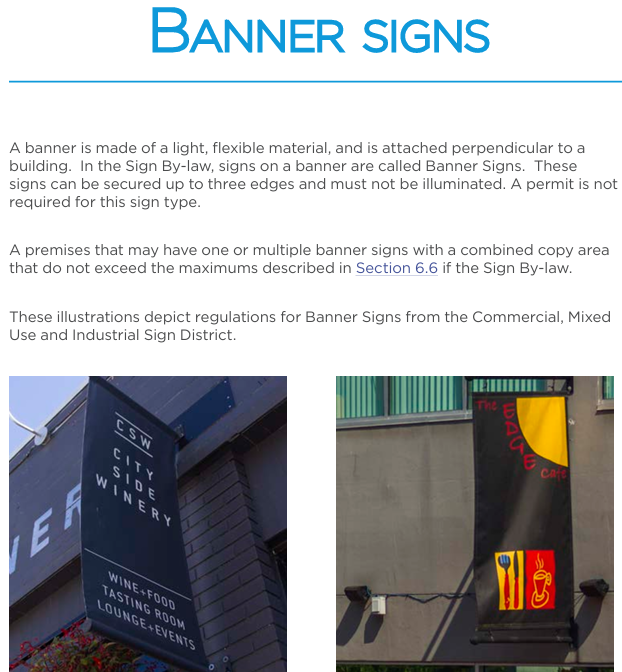 Banner signs in Vancouver, including City Side Winery vertical banner and The Edge Cafe Banner