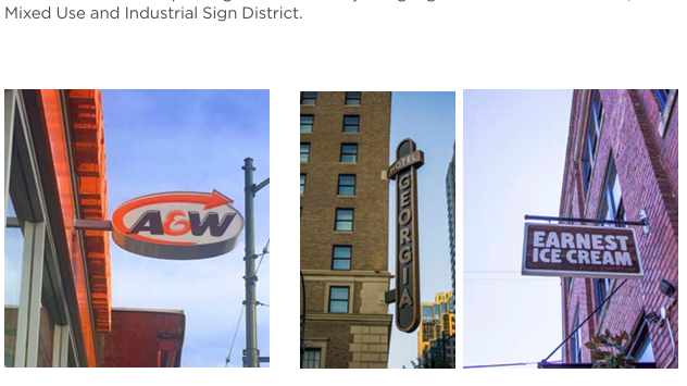 Examples of projecting business signs in Metro Vancouver, including A&W, Hotel Georgia, and Earnest Ice Cream.