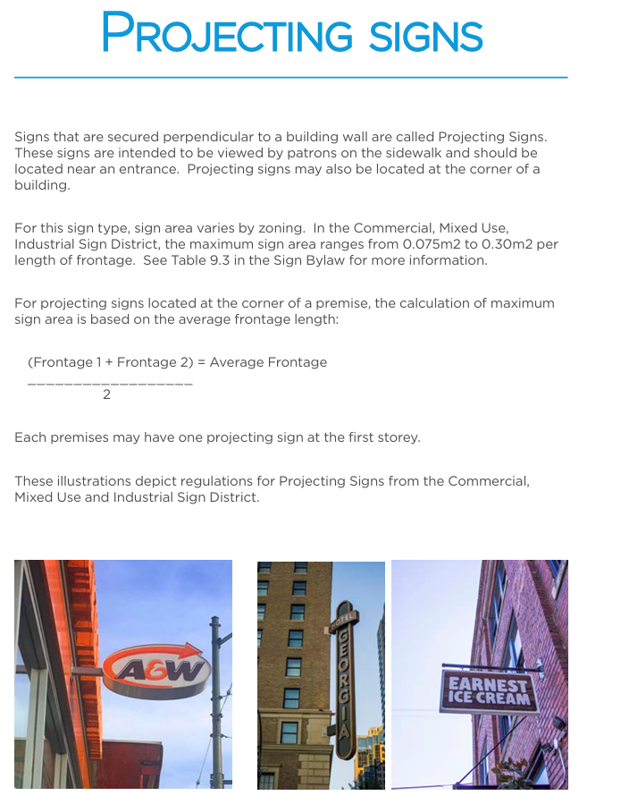 Examples of projecting signs in Vancouver, including A&W, Hotel Georgia, and Earnest Ice Cream storefront signage.