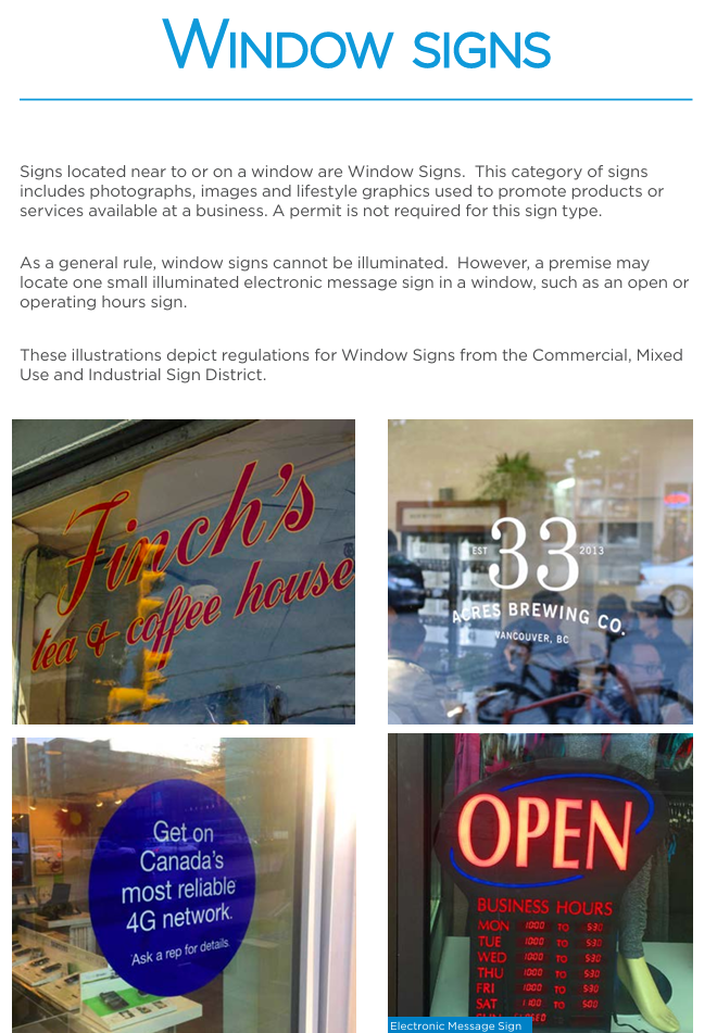 Window signs in Vancouver, including cafe branding, brewery decals, promotional stickers, and illuminated open sign.