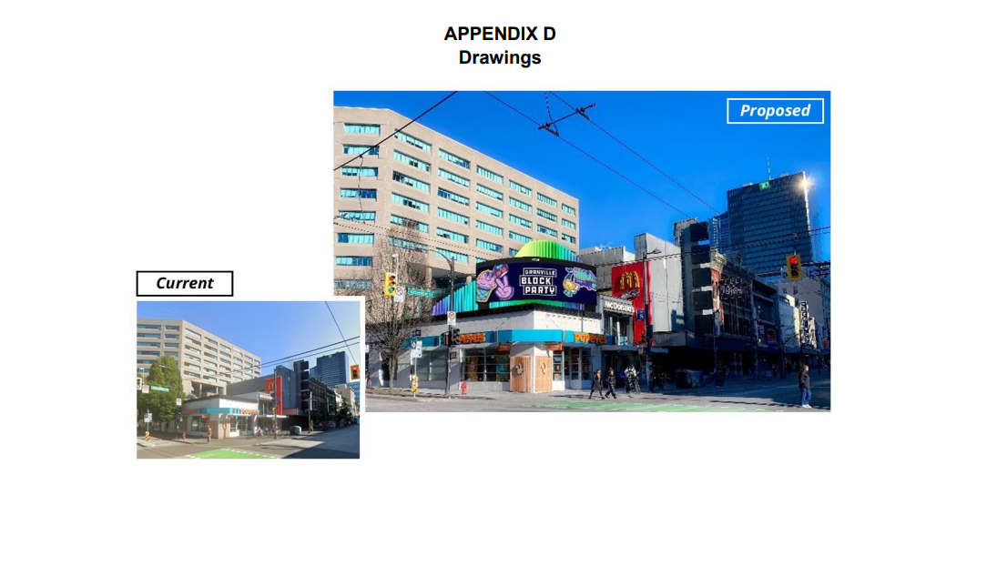 Appendix D drawings for 897 Granville Street Sign By-law Amendment showing the current streetscape with existing signage and a proposed rendering of a new digital billboard installation above storefronts. Includes a technical plan view drawing stamped for permit review by Astral Media.