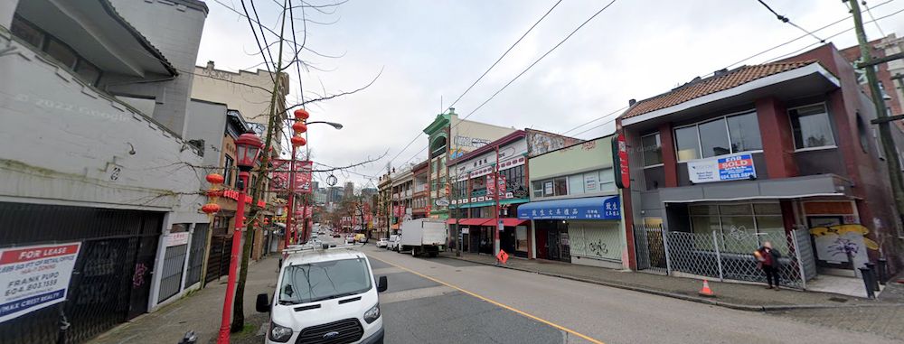 Current view of East Pender Street in Vancouver's Chinatown, showing storefronts, signage, and cultural architecture near Main Street in 2025